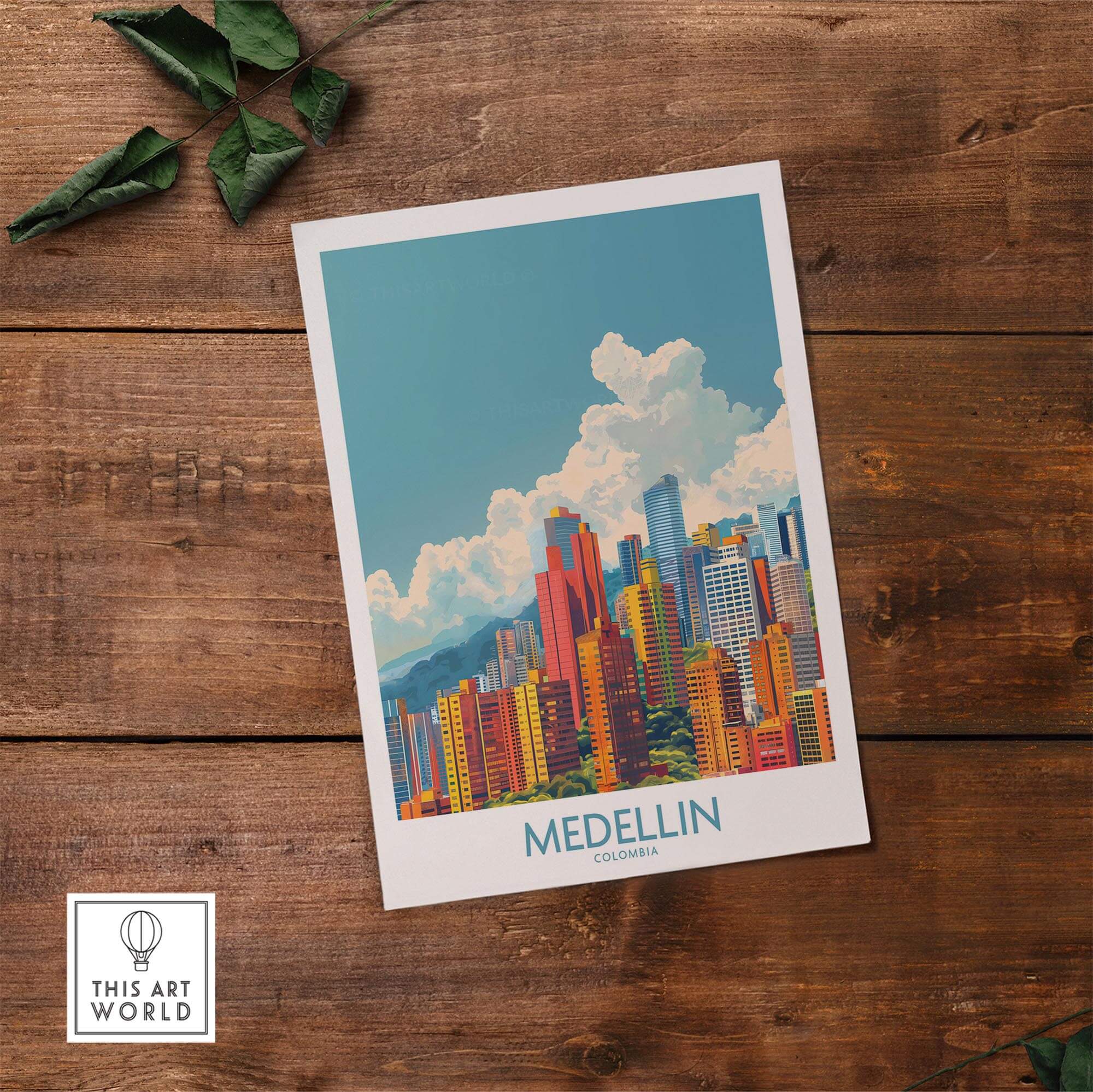 Medellin Travel Print - Colombia displaying a colorful cityscape of Medellin, the City of Eternal Spring.