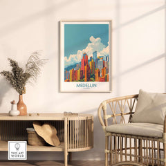 Medellin Travel Print - Colombia showcasing vibrant colors of the city's skyline in a stylish interior setting.
