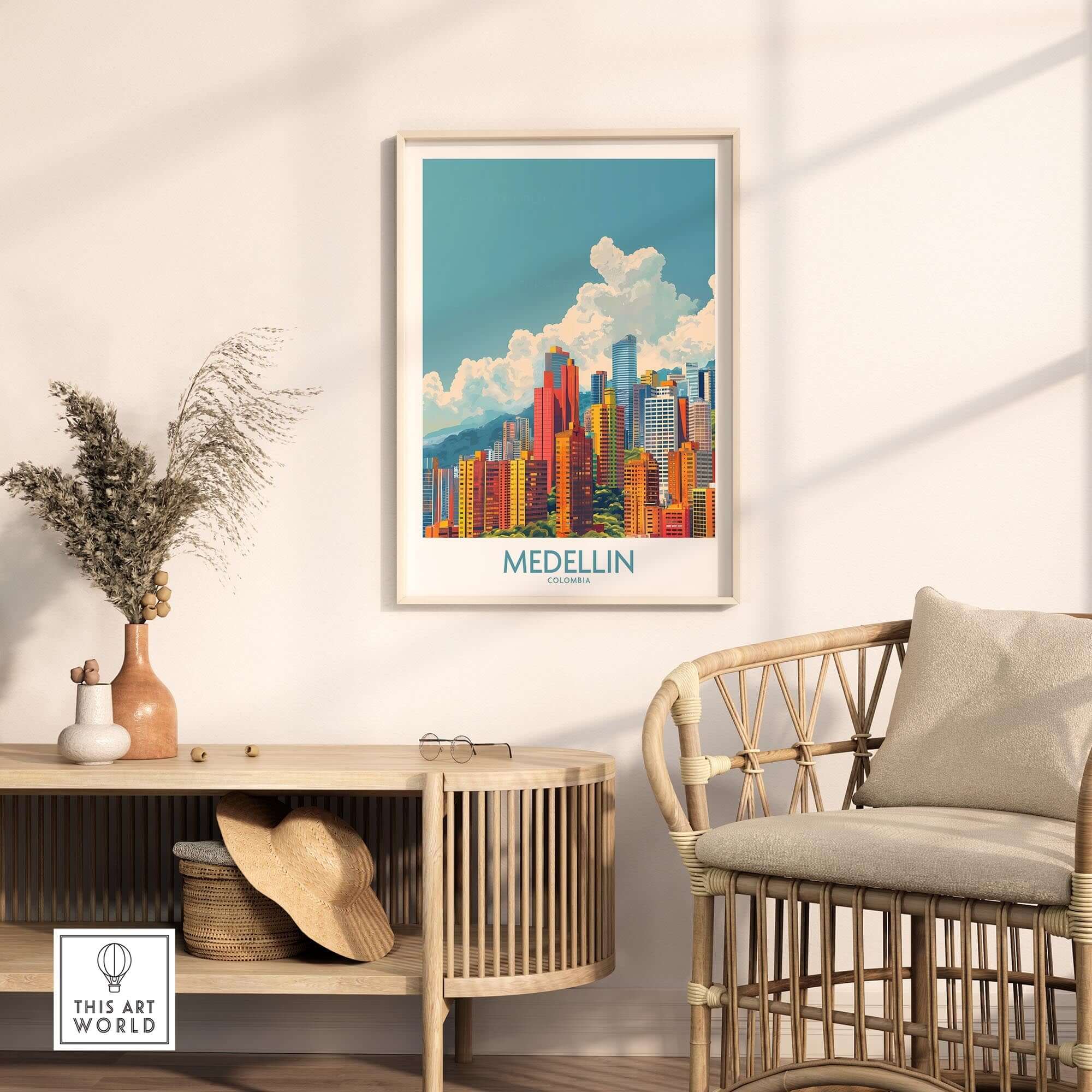 Medellin Travel Print - Colombia showcasing vibrant colors of the city's skyline in a stylish interior setting.