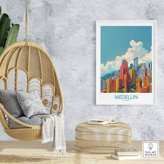 Medellin Travel Print - Colombia showcased in a modern living room with a cozy hanging chair and stylish decor.