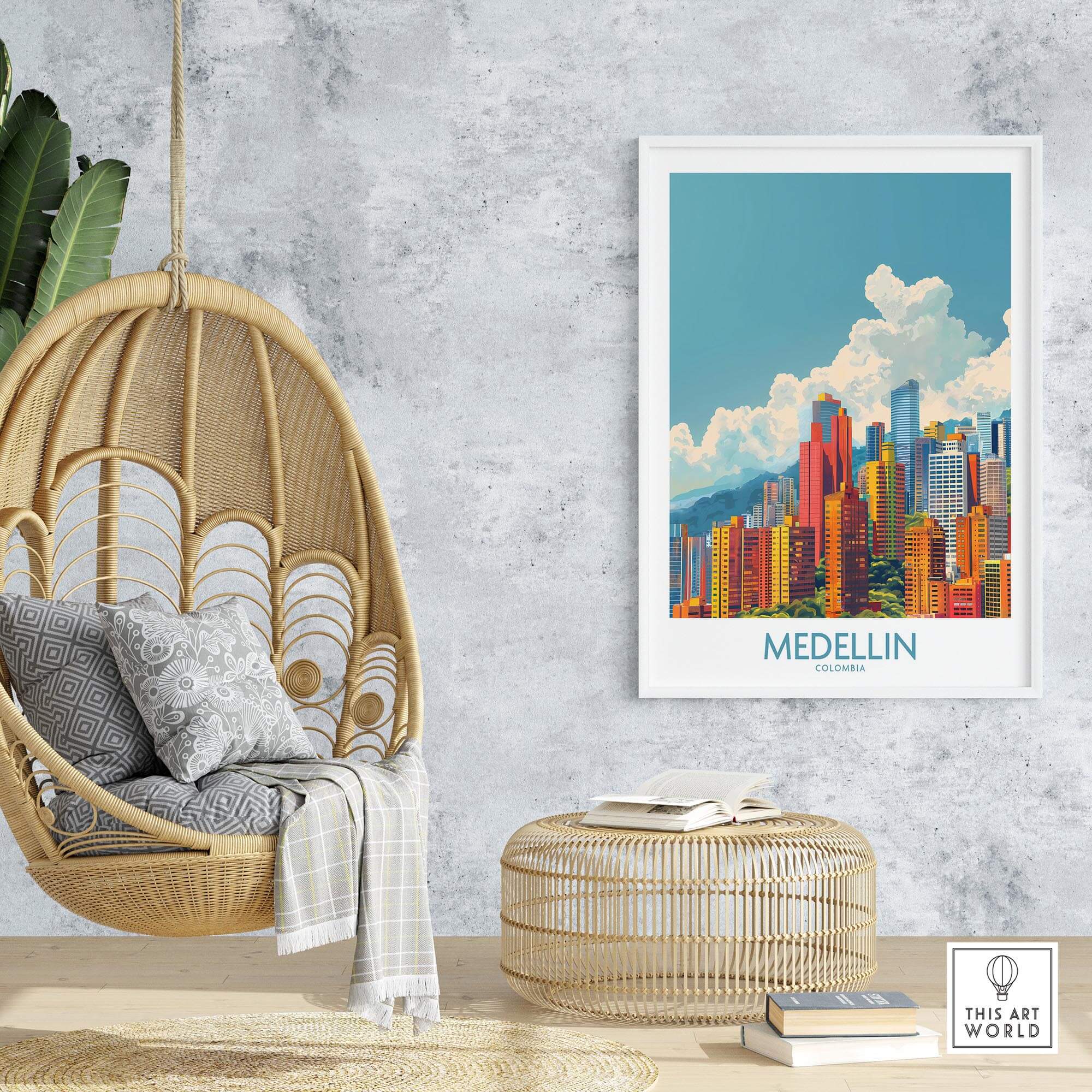 Medellin Travel Print - Colombia showcased in a modern living room with a cozy hanging chair and stylish decor.