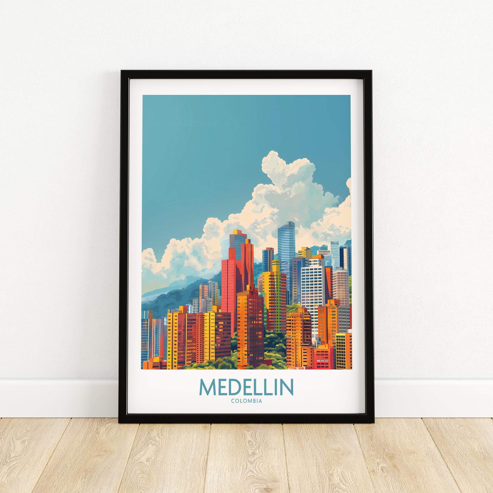 Medellin Travel Print - Colombia, vibrant wall art showcasing Medellin's skyline and colorful buildings.