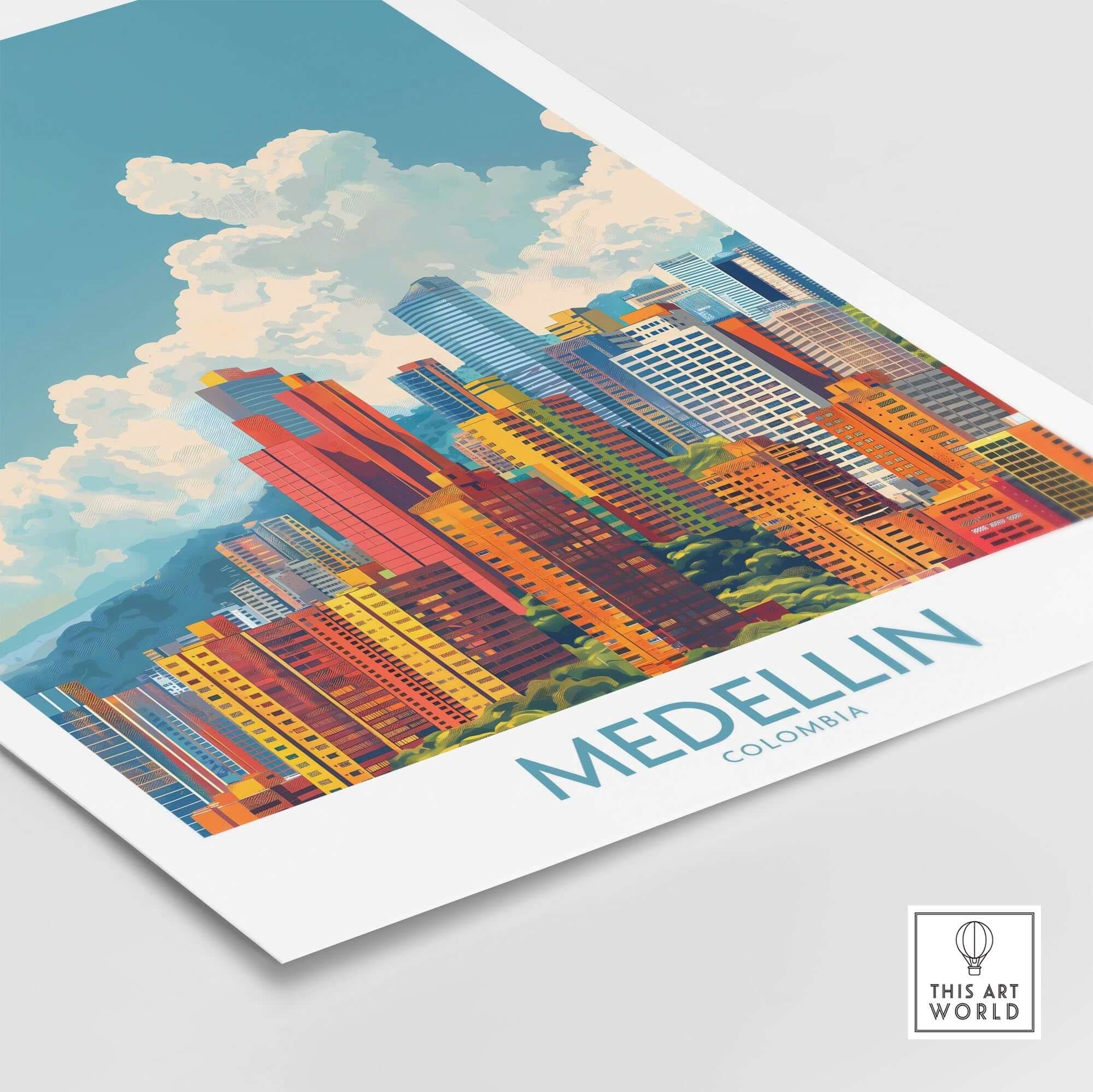 Medellin Travel Print - Colombia showcasing vibrant city skyline and colorful architecture of Medellin, Colombia.