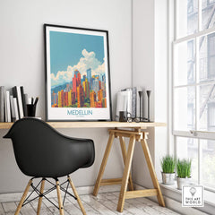Medellin Travel Print - Colombia displayed in a modern workspace, showcasing vibrant city skyline art.