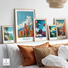 Medellin Travel Print - Colombia displayed among international travel prints on a decorative wall.