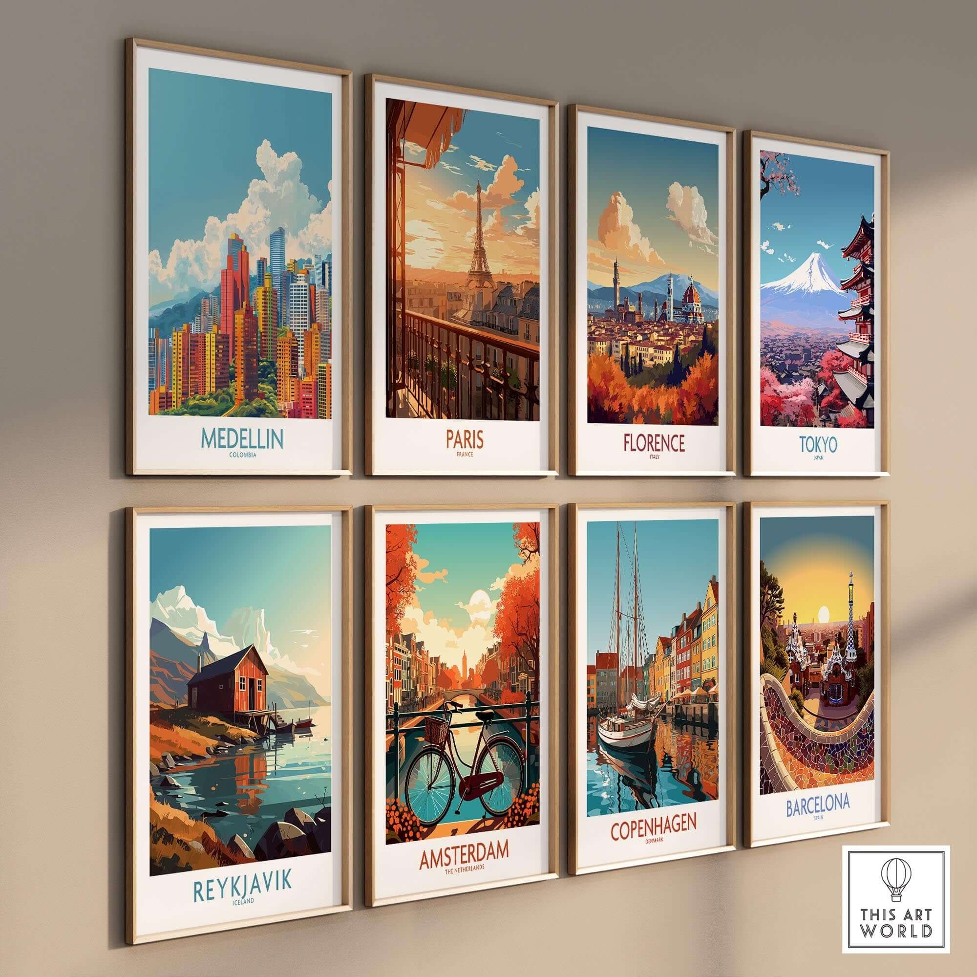Medellin Travel Print - Colombia showcased among other vibrant city wall art prints on a stylish gallery wall.