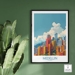 Medellin Travel Print - Colombia showcasing vibrant city skyline and colorful architecture