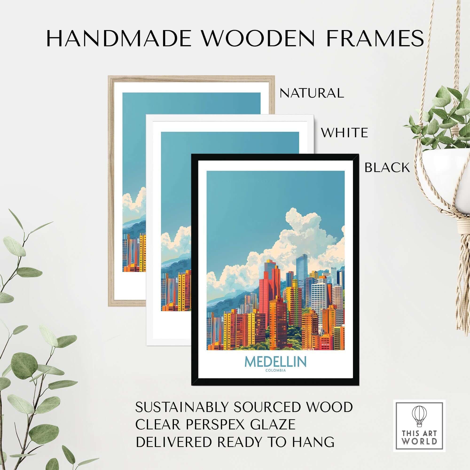 Medellin Travel Print - Colombia showcased in handmade wooden frames in natural, white, and black finishes.