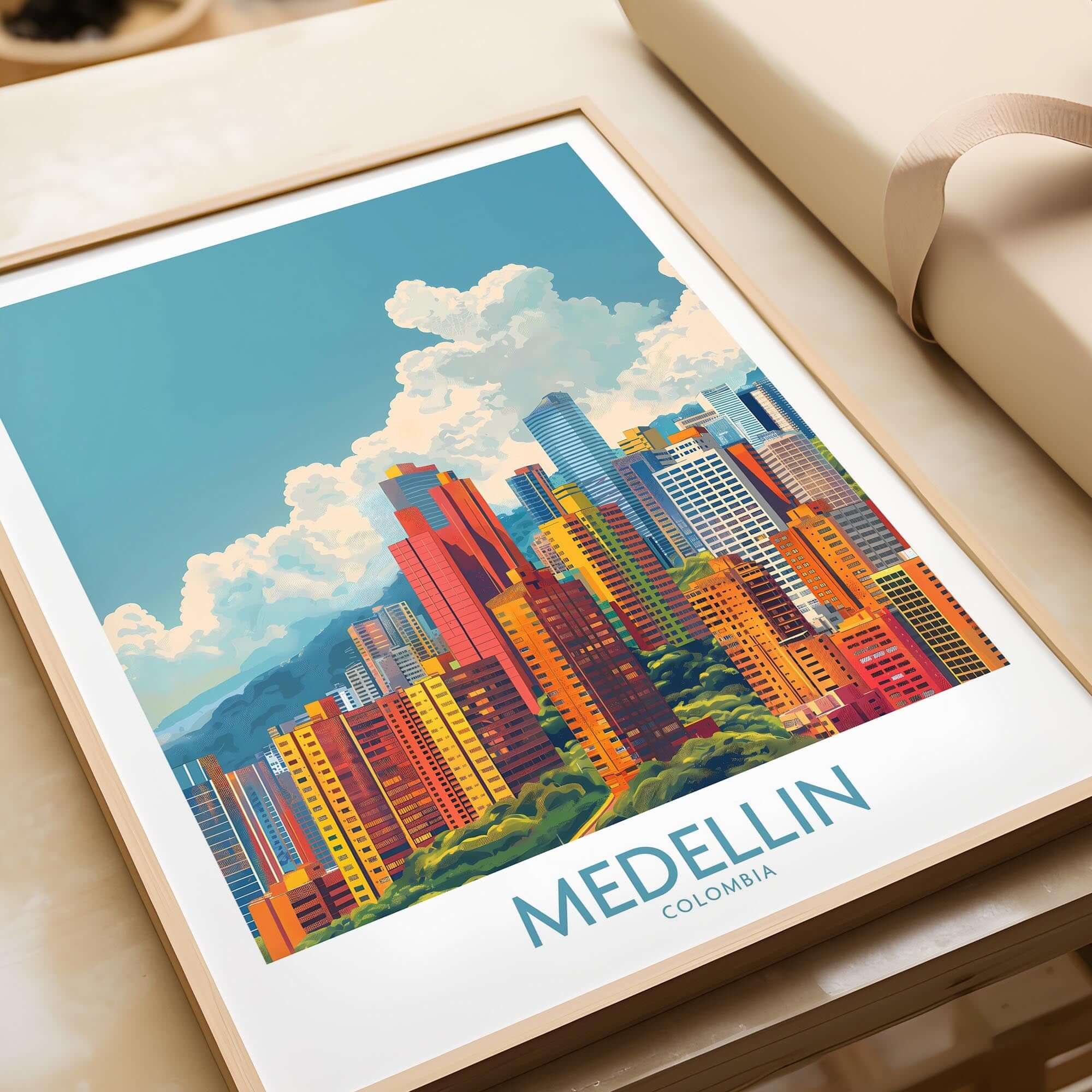 Medellin Travel Print - Colombia showcasing the vibrant skyline and colors of Medellin, Colombia's City of Eternal Spring.