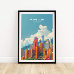 Medellin Travel Print showcasing vibrant Colombian city skyline in a colorful art poster.