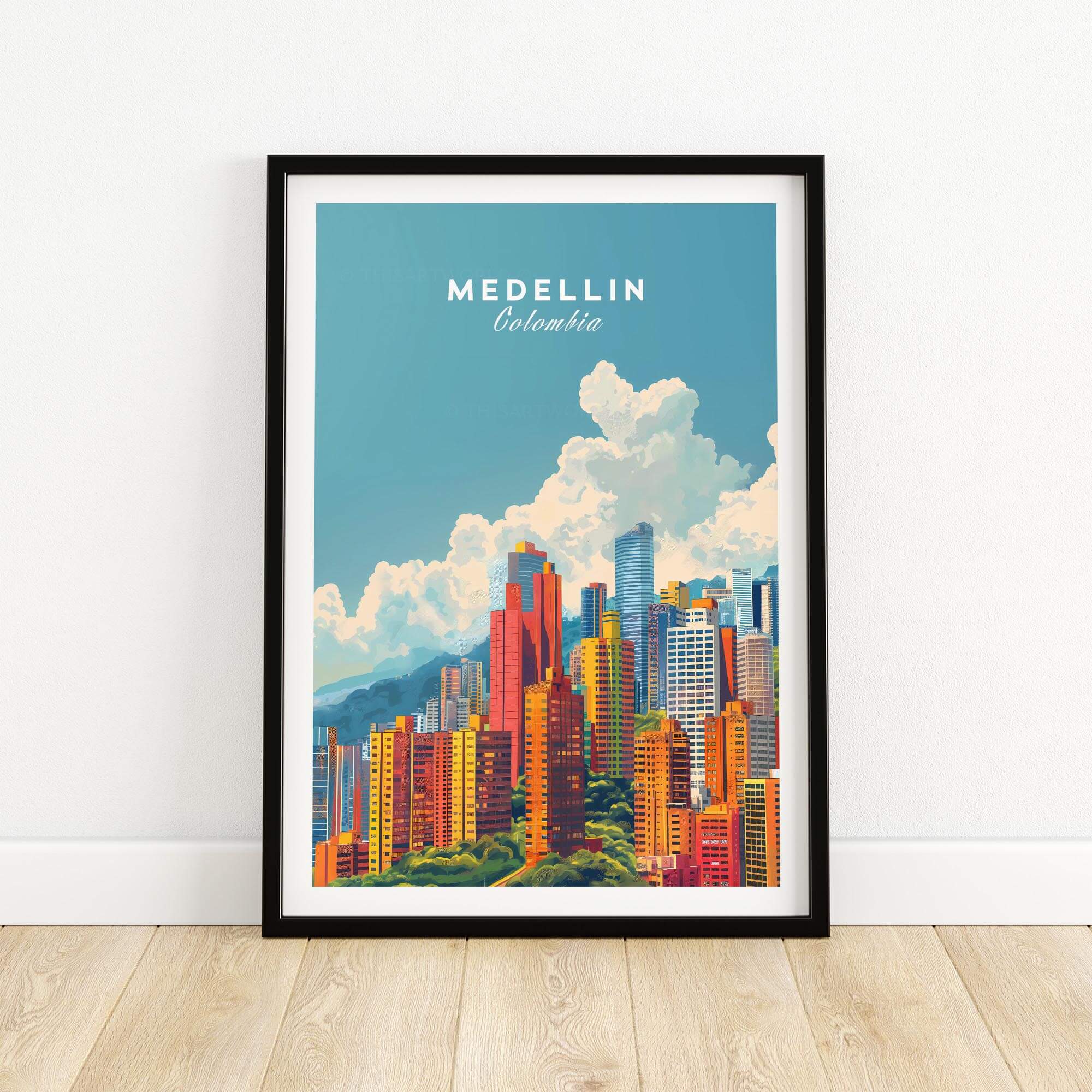 Medellin Travel Print showcasing vibrant Colombian city skyline in a colorful art poster.