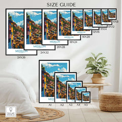 Medellin Wall Art Print - Colombia size guide with various print dimensions displayed in a stylish home setting.