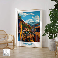 Medellin Wall Art Print - Colombia showcasing vibrant colors and unique architecture of Medellin in a stylish interior setting.
