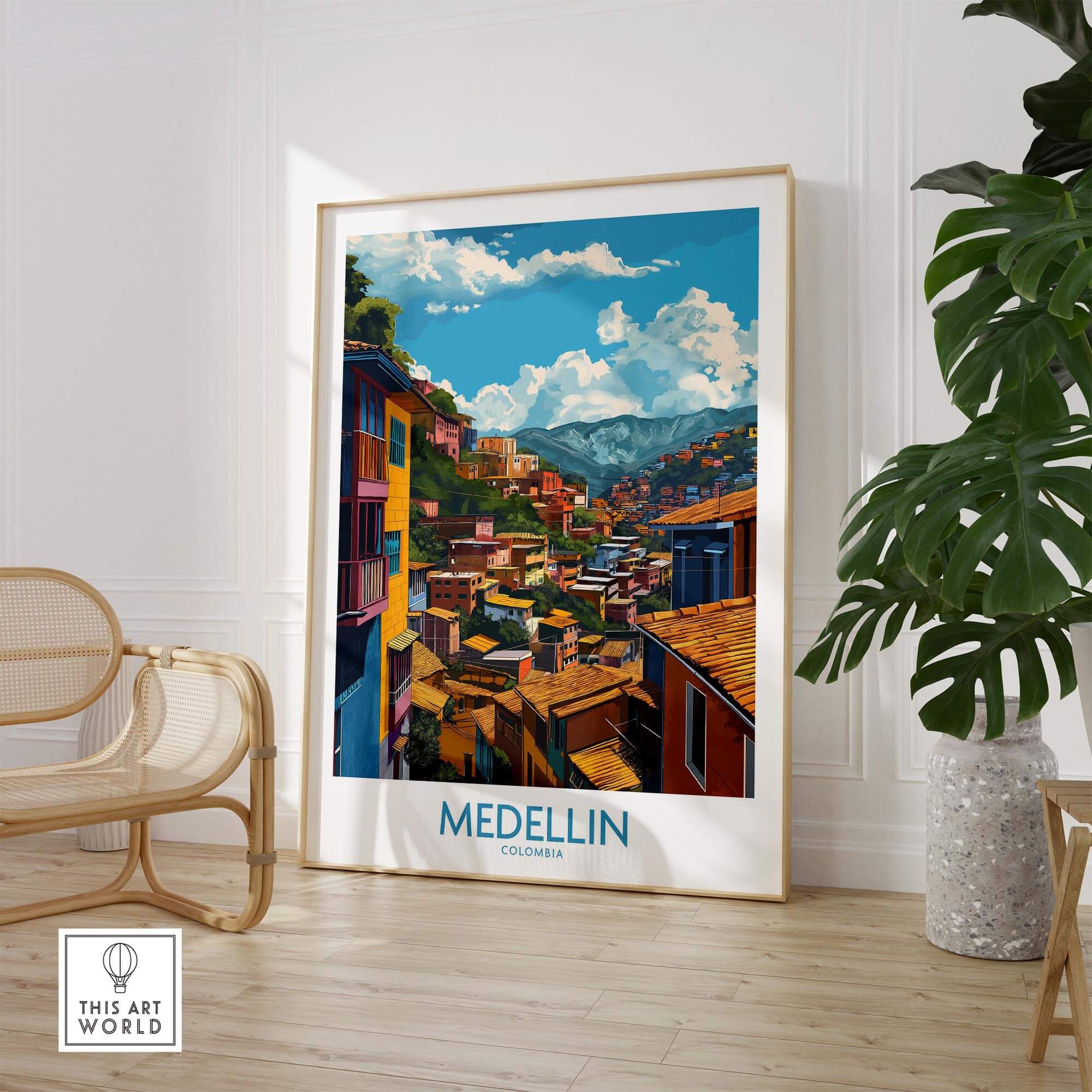 Medellin Wall Art Print - Colombia showcasing vibrant colors and unique architecture of Medellin in a stylish interior setting.