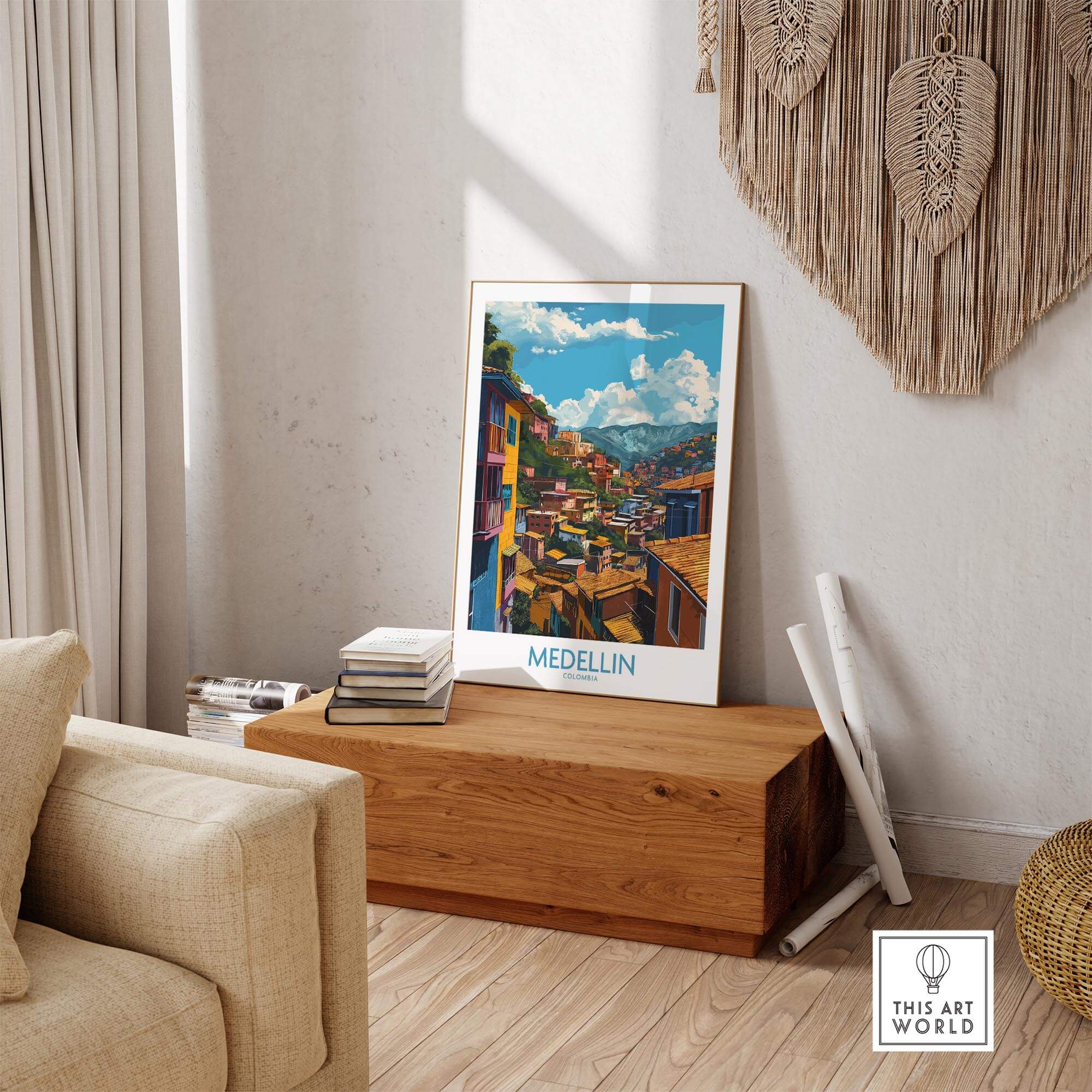 Medellin Wall Art Print - Colombia displayed in a cozy living room on a wooden bench.