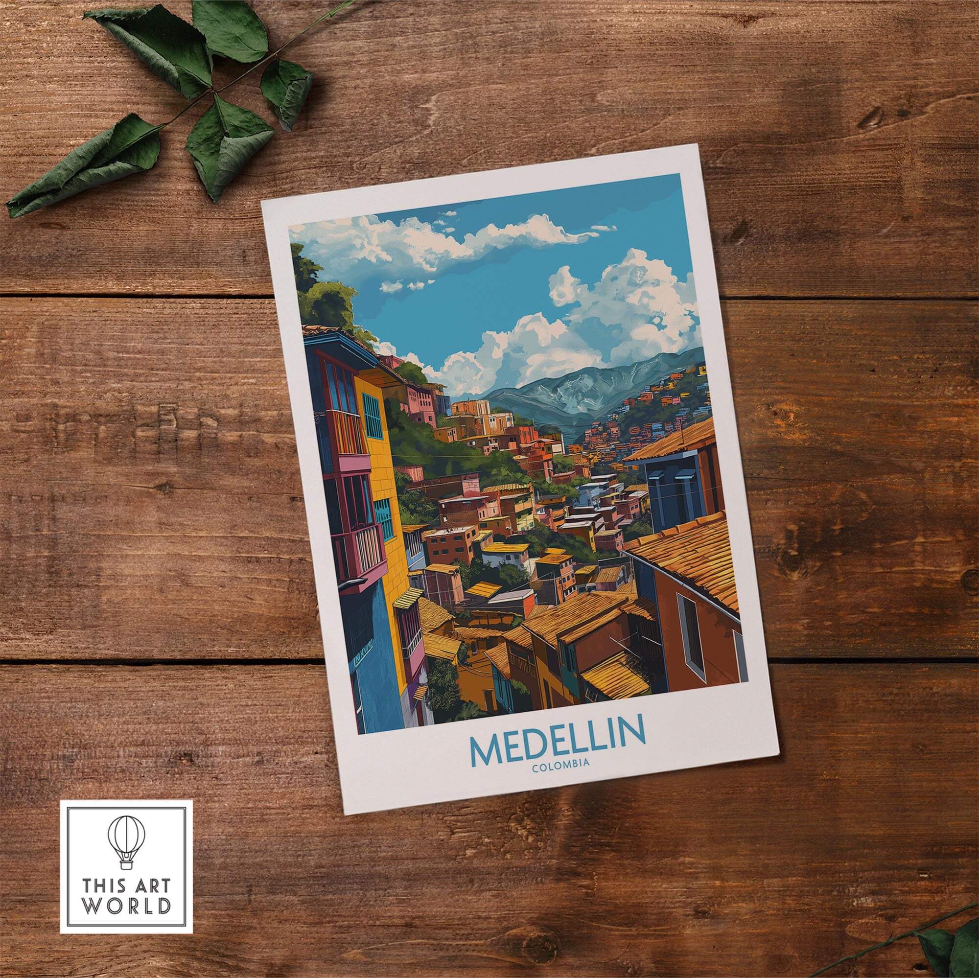 Medellin Wall Art Print - Colombia vibrant depiction of the colorful architecture and landscape of Medellin, Colombia.