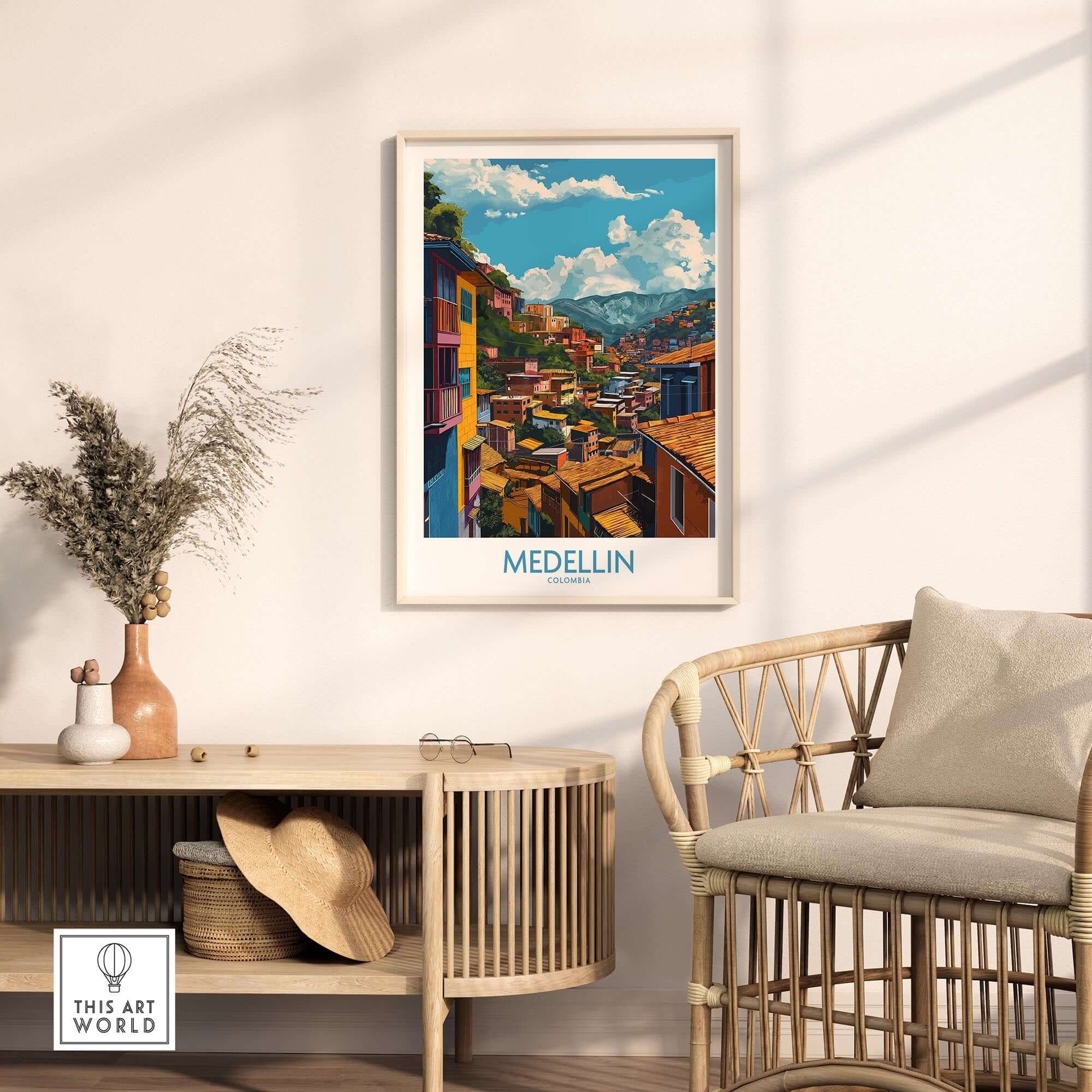 Medellin Wall Art Print - Colombia displayed in a stylish living room setting with vibrant colors and unique architecture.