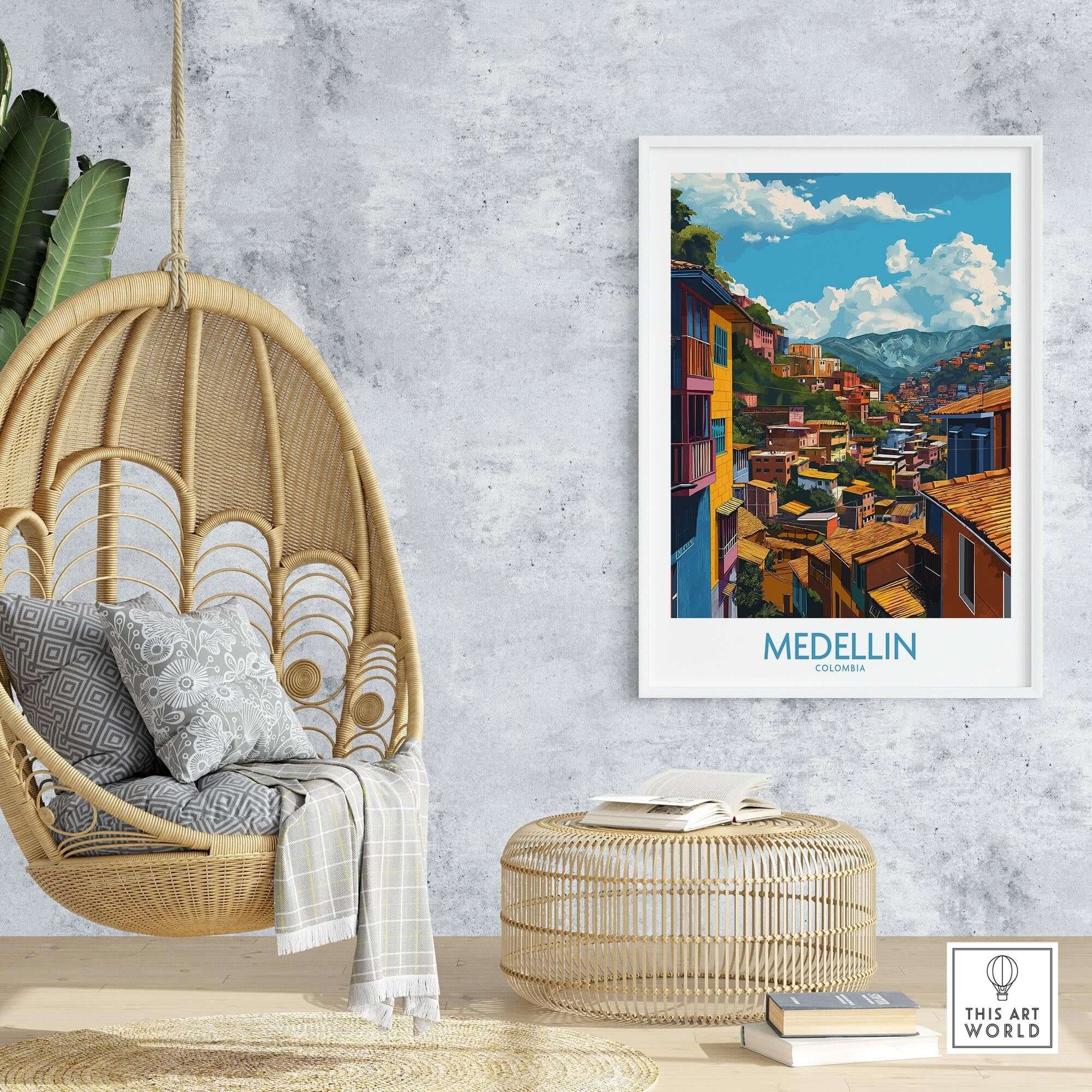 Medellin Wall Art Print - Colombia featuring vibrant colors and unique architecture in a modern home setting.