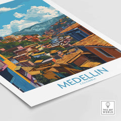 Medellin Wall Art Print - Colombia showcasing vibrant cityscape with colorful architecture and mountains.