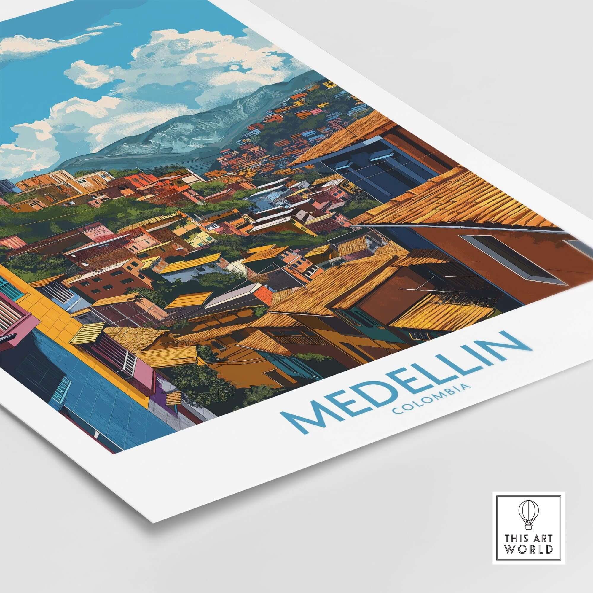 Medellin Wall Art Print - Colombia showcasing vibrant cityscape with colorful architecture and mountains.