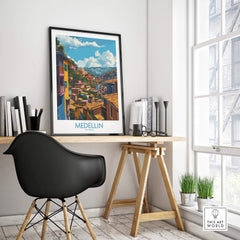 Medellin Wall Art Print - Colombia displayed in a stylish workspace, showcasing vibrant colors and unique architecture.