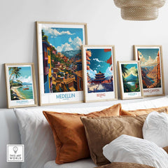 Medellin Wall Art Print - Colombia displayed among other travel prints on a stylish interior wall.