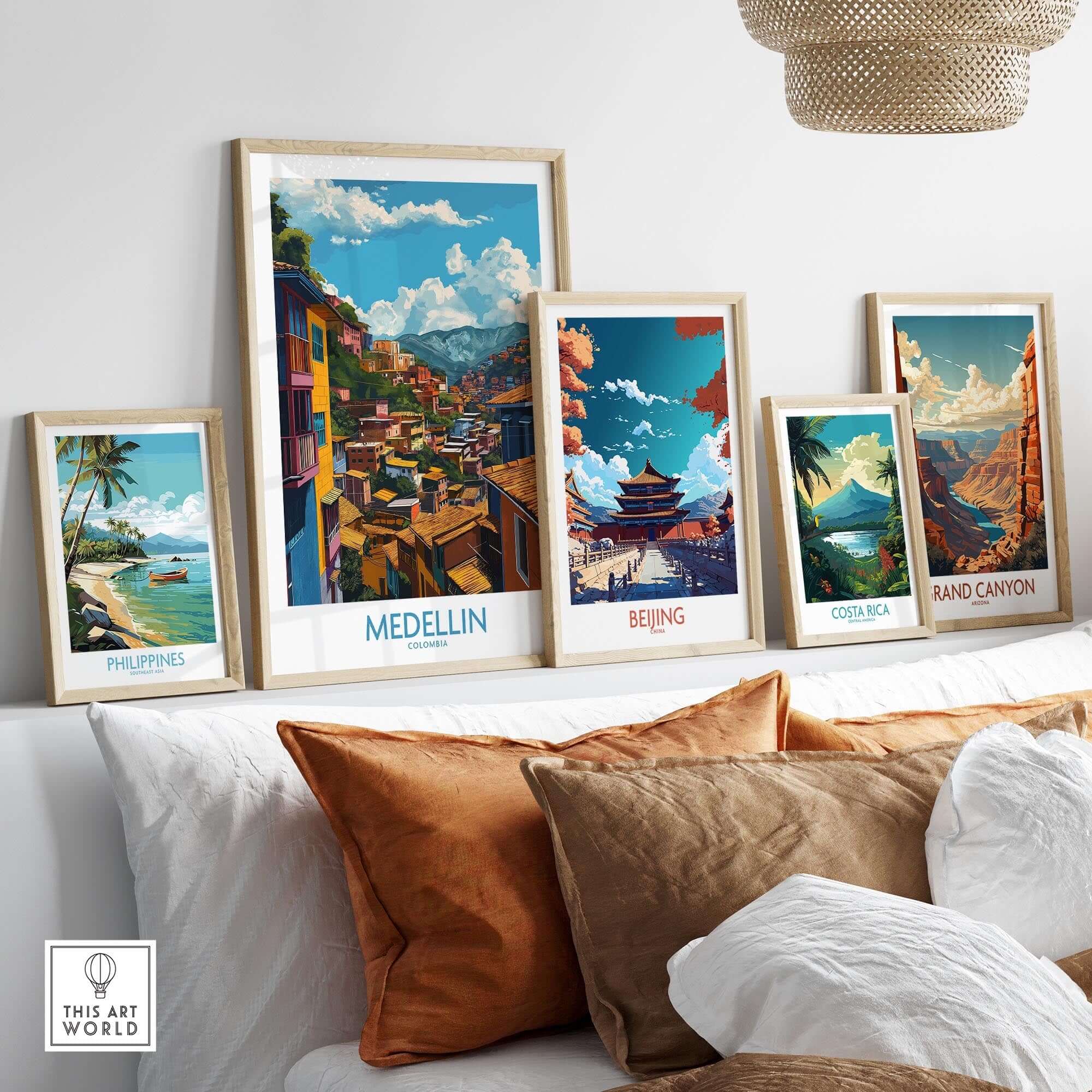 Medellin Wall Art Print - Colombia displayed among other travel prints on a stylish interior wall.