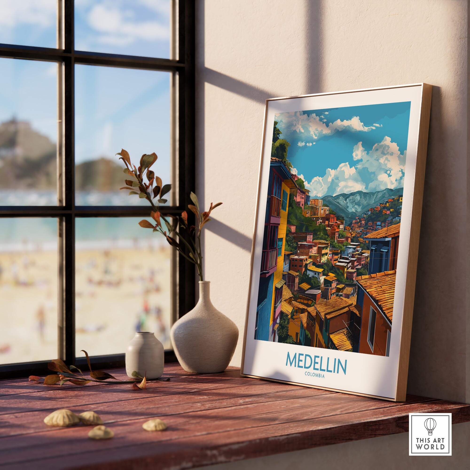 Medellin Wall Art Print - Colombia showcased in a bright interior with a scenic view outside.