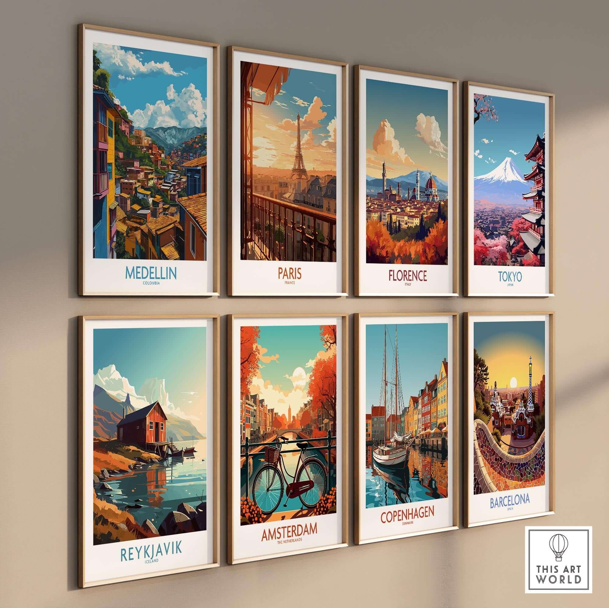 Medellin Wall Art Print - Colombia showcased in a gallery wall with prints from famous cities.