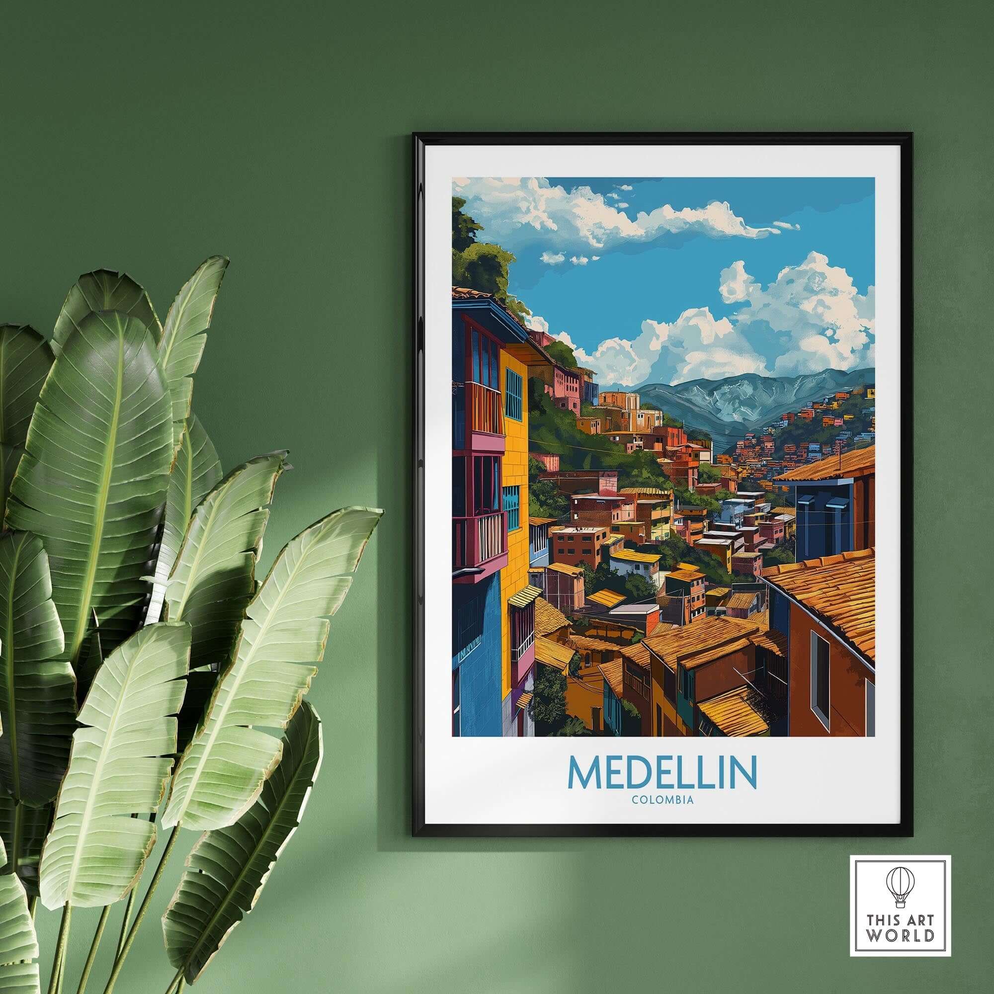 Medellin Wall Art Print - Colombia featuring colorful houses and vibrant landscape of Medellin.