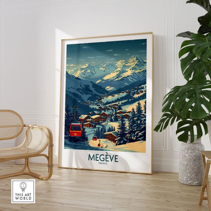 Megève France ski print poster in modern room decor with mountain landscape, featuring snowy village and ski lift.