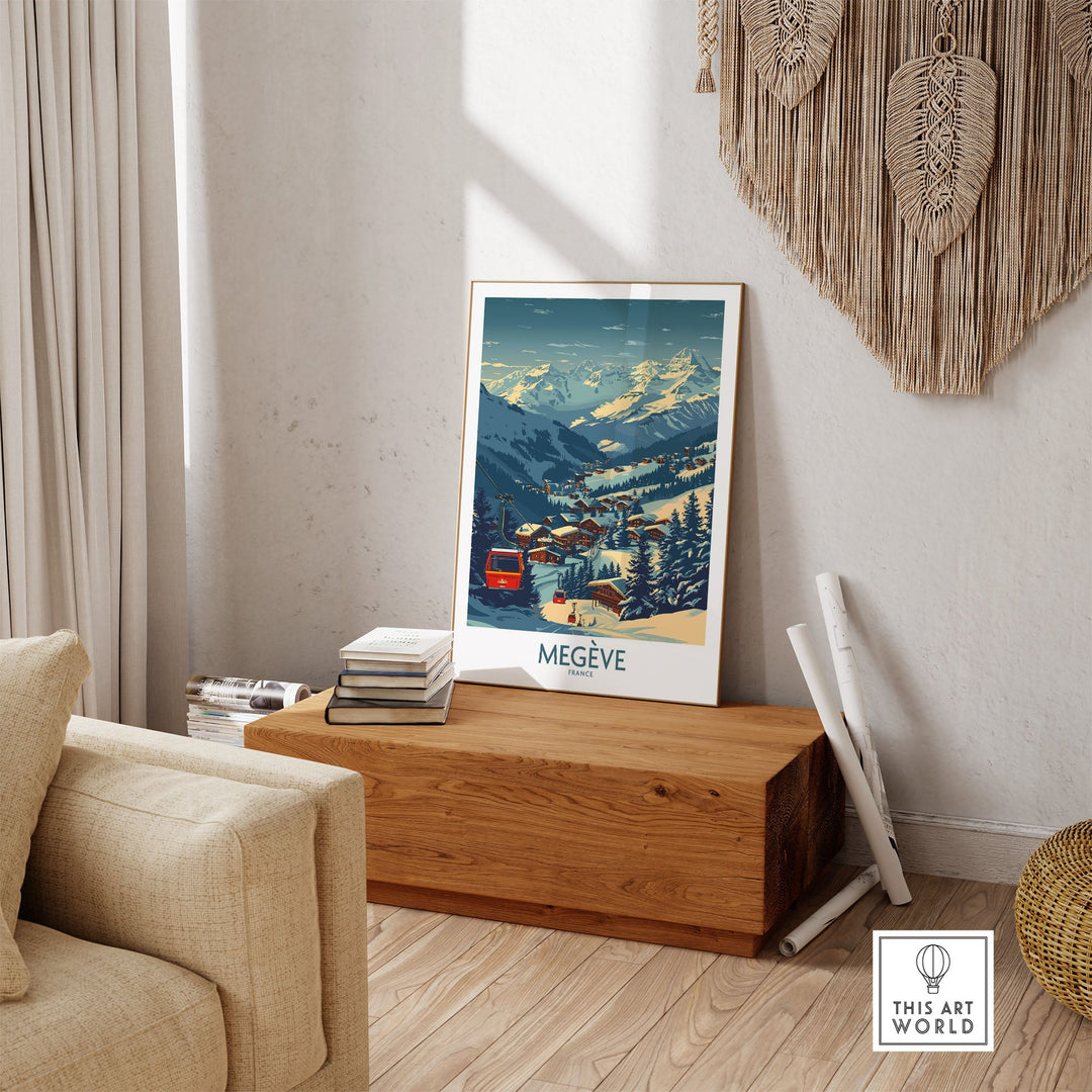 Megève ski poster print displayed in a cozy room, showcasing snowy mountains and a scenic French ski resort.