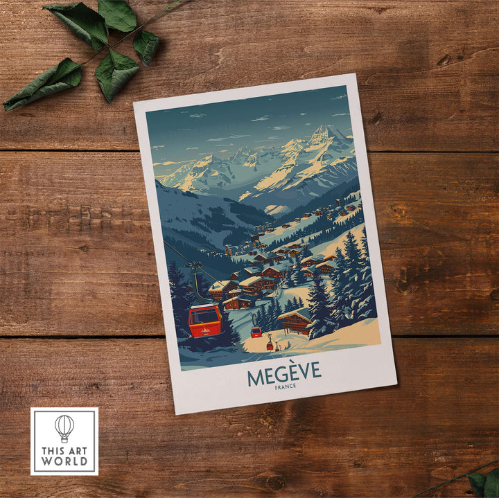 Megève ski resort poster print, France, featuring snowy mountains and village on rustic wood background.