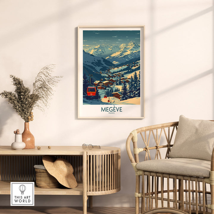 Megève France ski print poster in stylish room decor with wicker chair and side table, highlighting alpine scenery and snowy mountains.