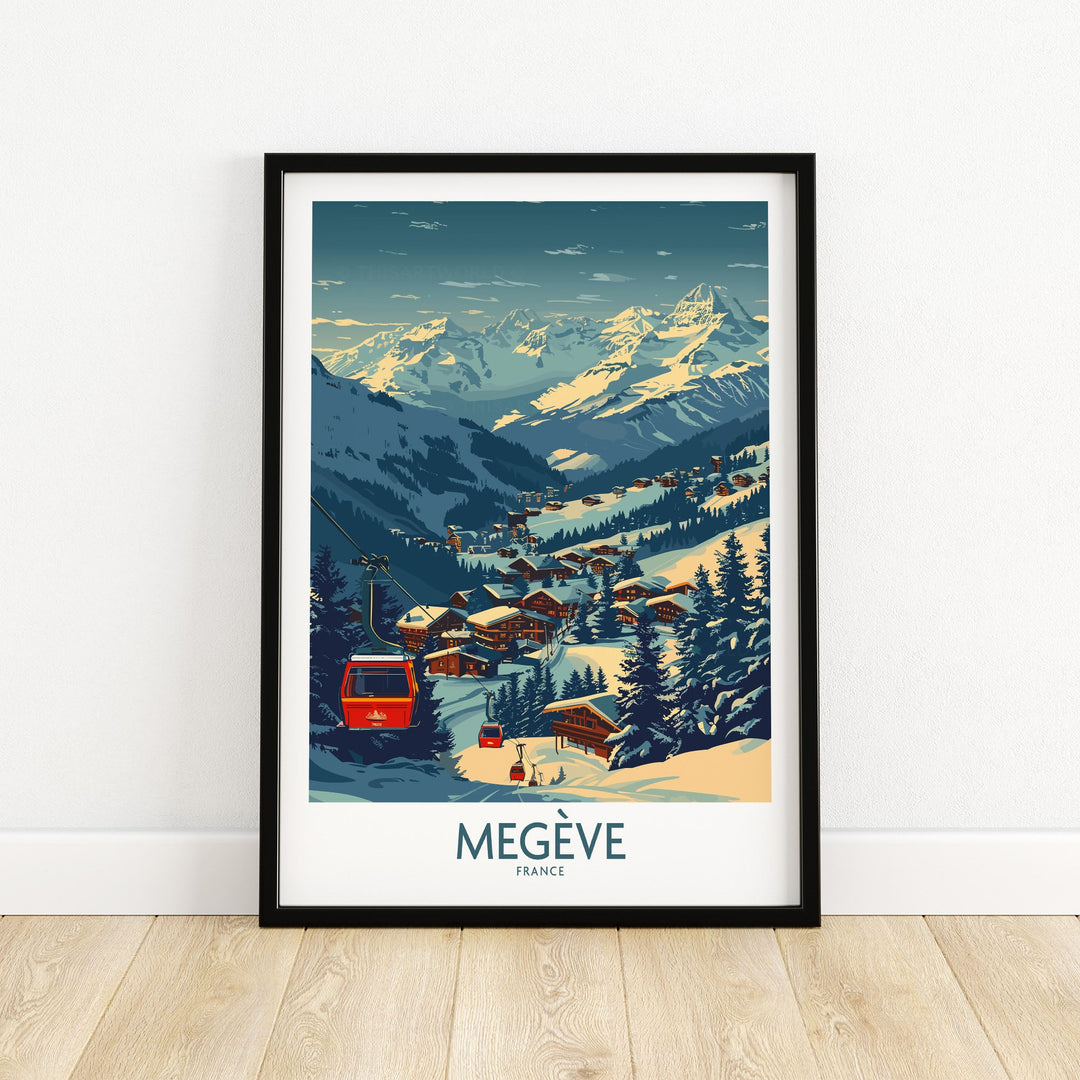 Vintage Megève France ski resort poster print, showcasing picturesque snowy alpine village and mountains.