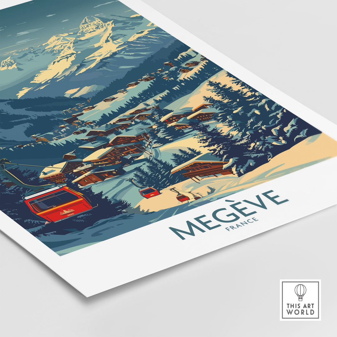 Megève ski resort poster featuring a winter landscape with ski lifts and chalets, capturing the charm of French alpine scenery.