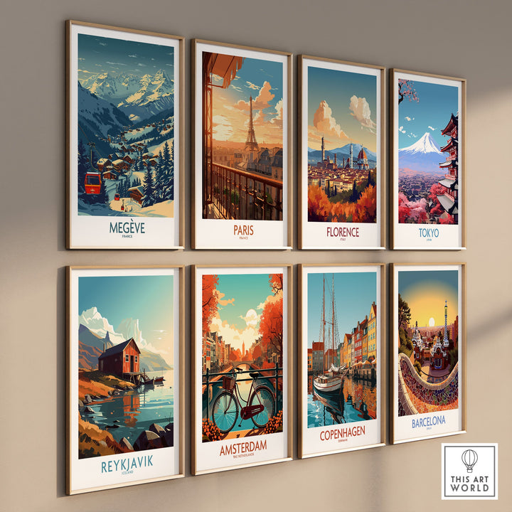 Collection of travel posters including Megève, Paris, Florence, Tokyo, Reykjavik, Amsterdam, Copenhagen, and Barcelona on display.