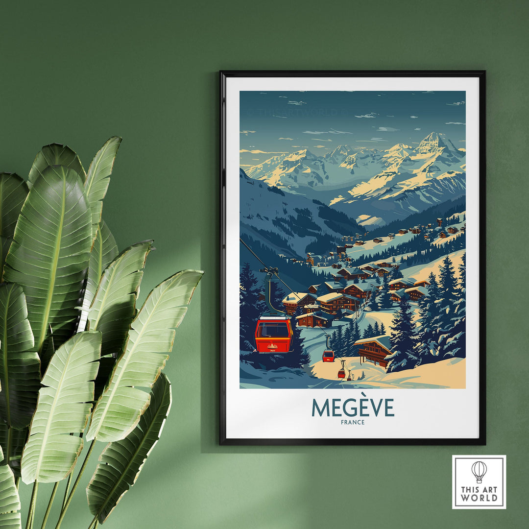 Megève France ski poster featuring snowy mountain landscape and village scenery, framed on green wall