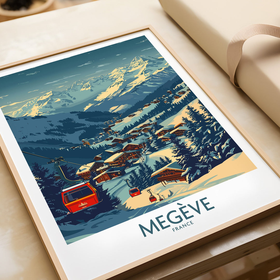 Megève France ski print poster featuring a scenic snow-covered alpine village and ski lift with mountain backdrop.