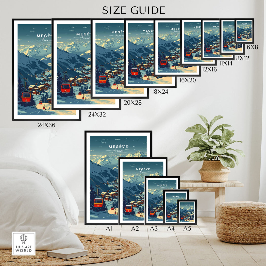 Megève France Ski Poster Size Guide, featuring multiple framed print options from 6x8 to 24x36 displayed in a cozy room setting.