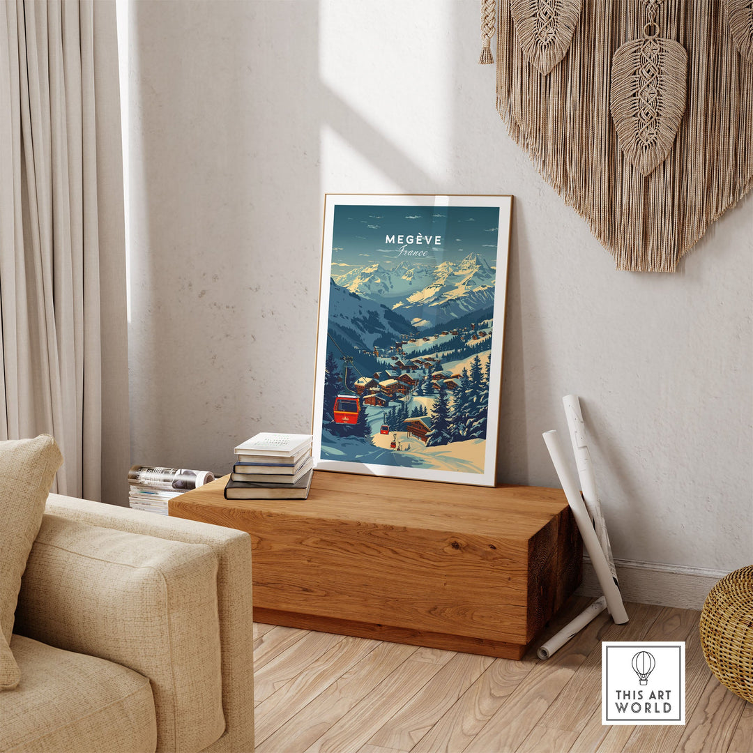 Megève Print France Ski Poster displayed on a wooden bench in a cozy living room setting with books and wall decor.