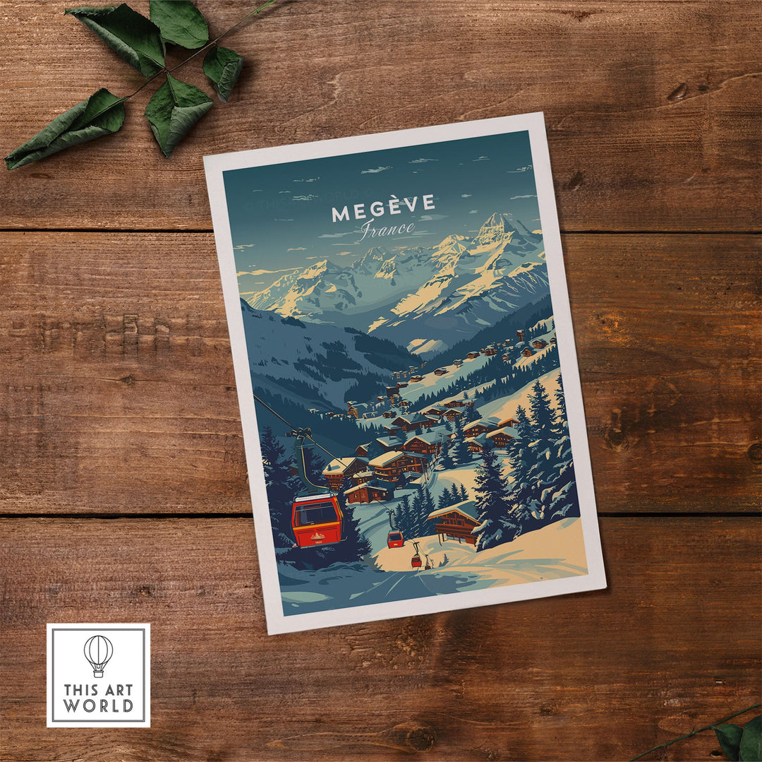 Retro Megève France Ski Poster featuring snowy mountain landscape with village, perfect decor for ski enthusiasts.