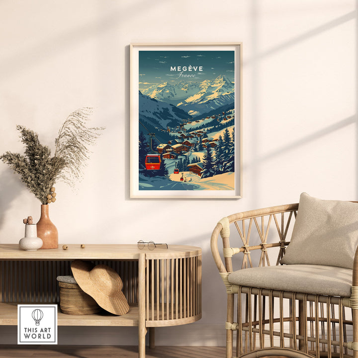 Megève France Ski Poster in modern living room setting, showcasing a scenic alpine view with ski lift and snowy mountains.