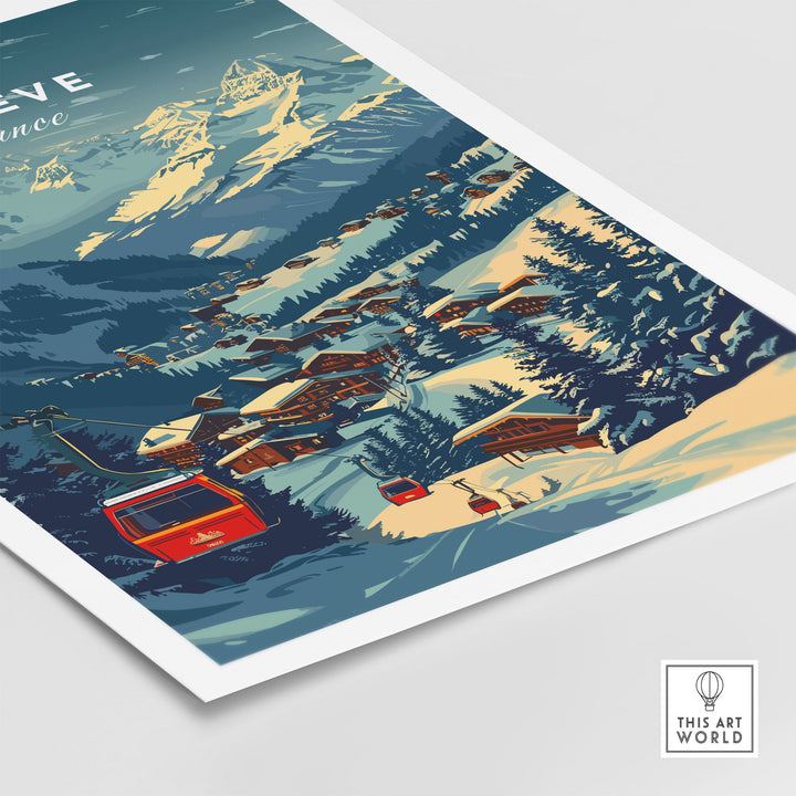 Megève Print France Ski Poster featuring snowy mountains and ski chalets, showcasing winter beauty and adventure.