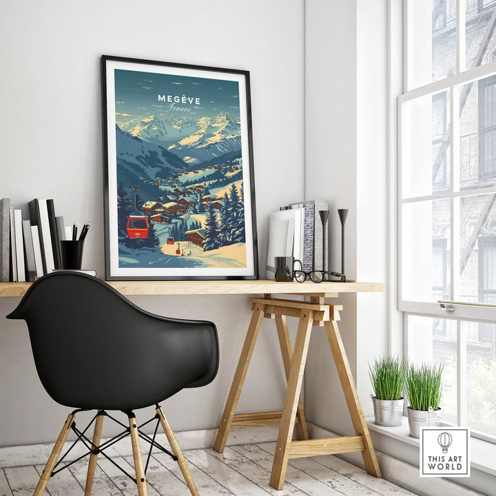 Megève France Ski Poster showcased in stylish room, featuring snowy mountain landscape and cable car, ideal ski decor.