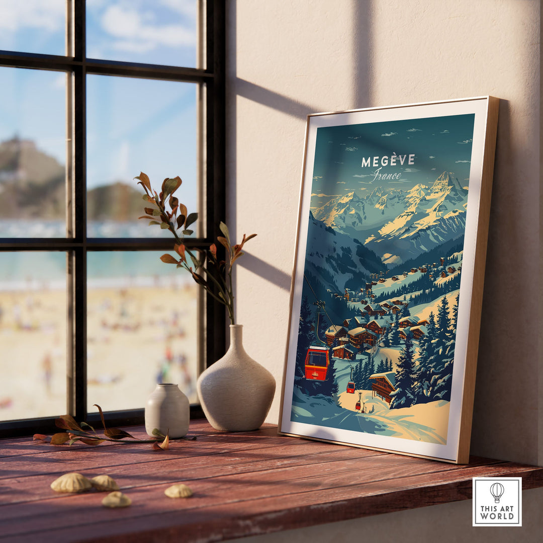 Vintage Megève Print France Ski Poster displayed on a sunlit windowsill, capturing a scenic winter landscape with snowy mountains.