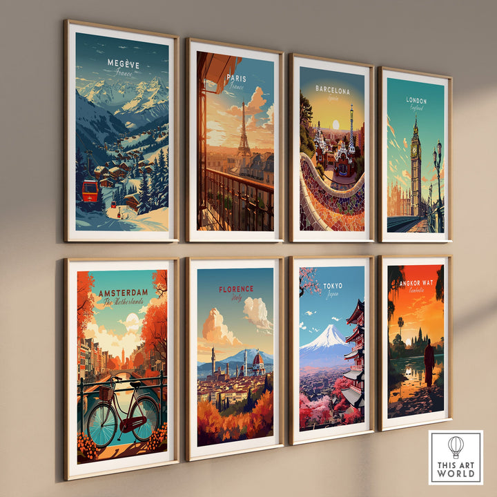 Collection of vibrant city posters including Megève ski poster, Paris, Barcelona, and more, displayed on a wall.