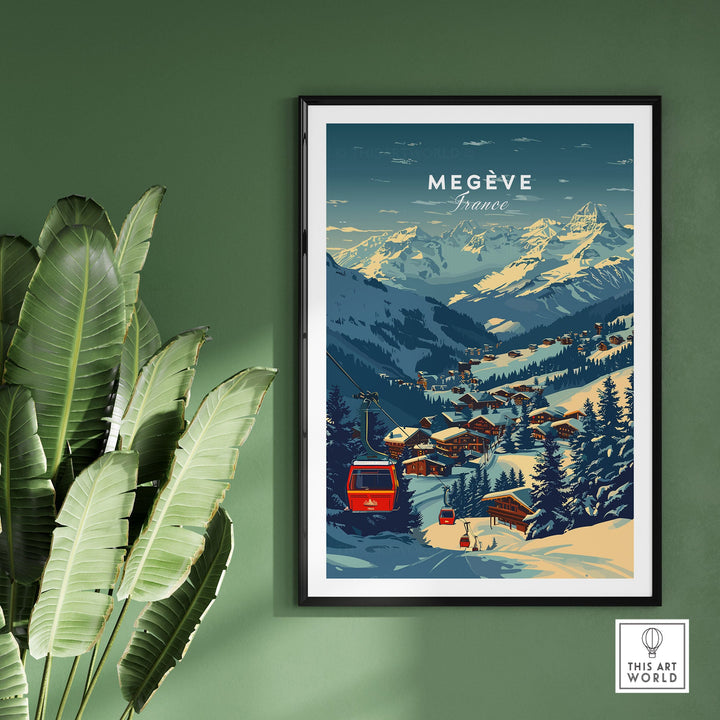 Megève France ski poster featuring alpine village and cable car, framed on a green wall with tropical plants.