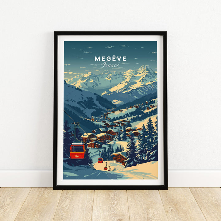 Megève France Ski Poster featuring snowy mountain landscape and ski village, perfect for winter sports enthusiasts and home decor.