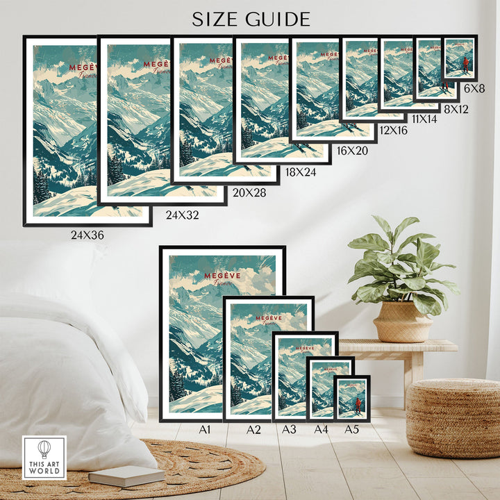 Megève Ski Poster size guide - vintage artwork of French Alps in various dimensions, perfect for ski enthusiasts and decor lovers.